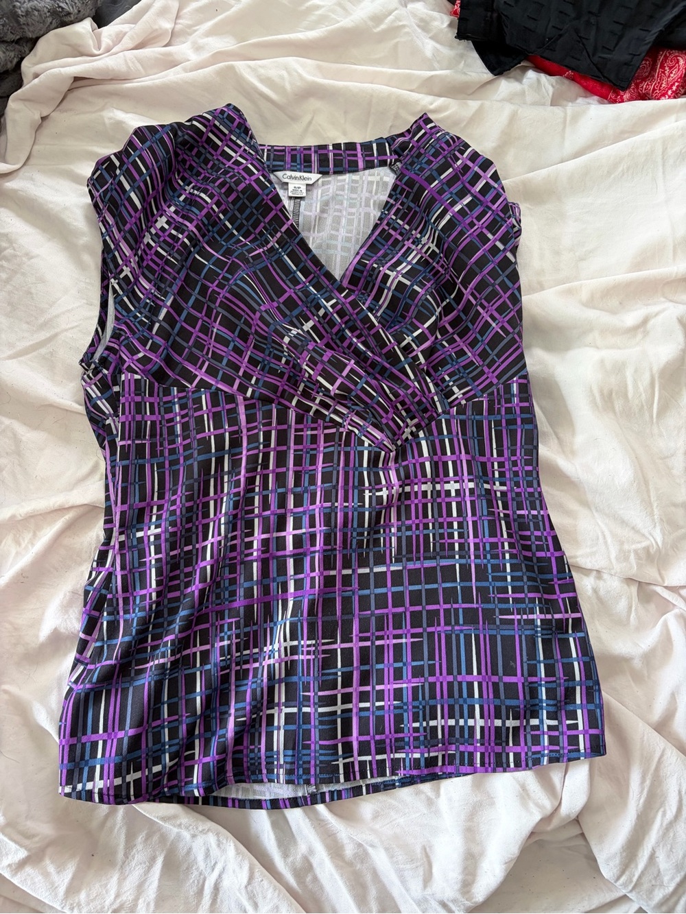 Calvin Klein Black, Purple and White Plaid Wrap-Front Sleeveless Camisole